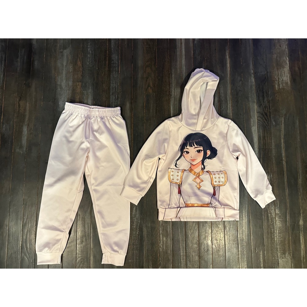 Anime Graphic Hoodie and Joggers Tracksuit Set White Two Piece Lounge Set